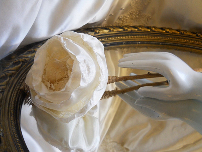 1 Large 17" Tall Peony Flower Stem for weddings, table decor, centerpieces. Ivory silk, vintage lace, burlap and natural twig stem.