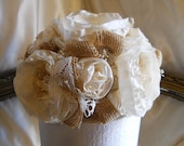 6" Cake Topper, Burlap and Vintage Lace, ivory silk peony fabric flowers and babies breath.