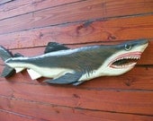 Great White Shark 50" chainsaw wood carved painting coastal wall art carving sculpture saltwater beach cottage