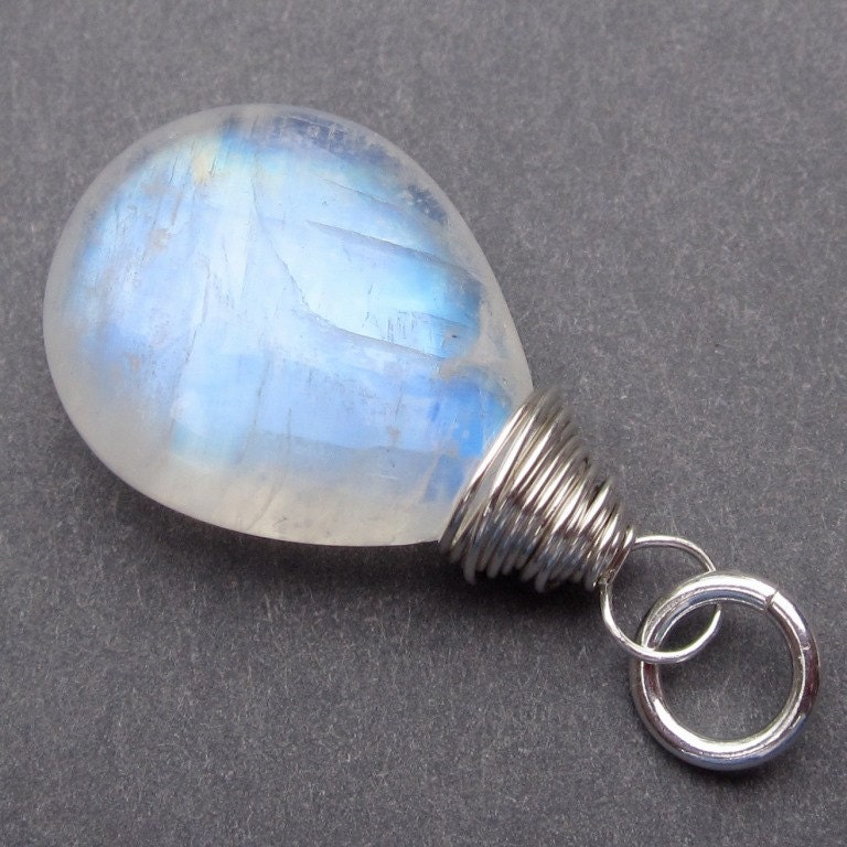 Large Rainbow Moonstone Smooth Briolette Sterling Silver Wire Wrapped Dangle Pendant Charm Stone 3