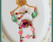 Victorian style jewlery set, dangling earrings, one only, pink green gold, Dichroic glass