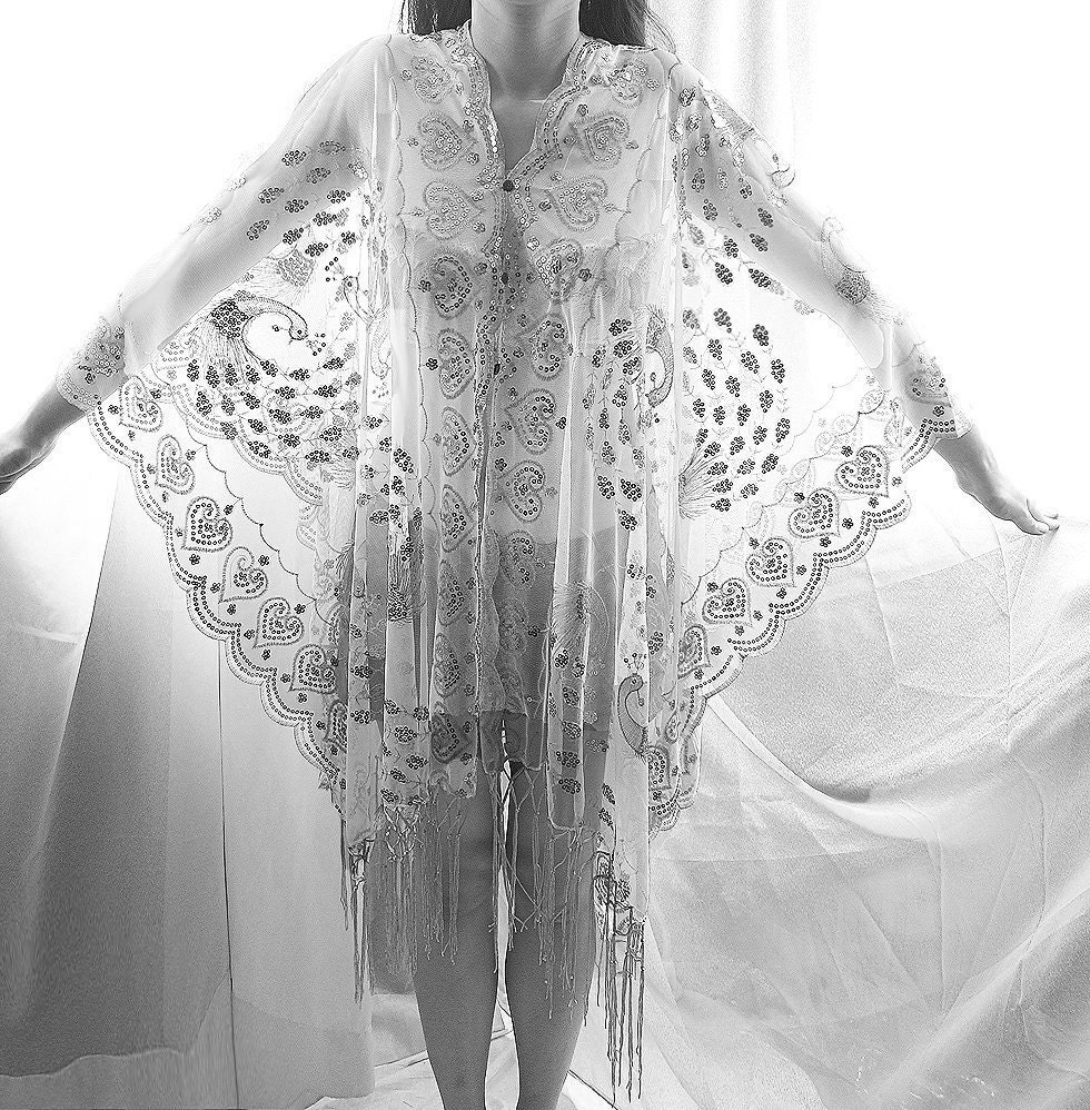 Ice Queen Silver Sequined Goddess White Embroidered Sequin Fringe Poncho Scarf Shawl Beach Cover up Butterfly Wings Cape Kaftan Tunic