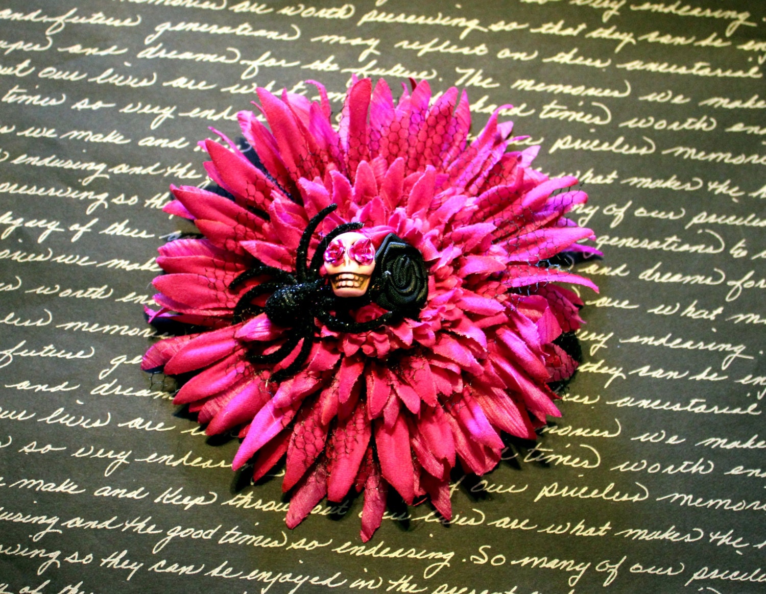 Sugar Skull & Sparkly Black Spider on a Dark Pink Daisy - Flower Pinup Rockabilly Hair Clip