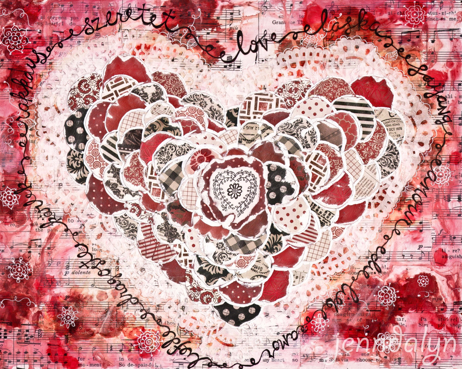 love painting love art red heart home decor 11 x 14 paper print mixed media valentine scarlet heart collage