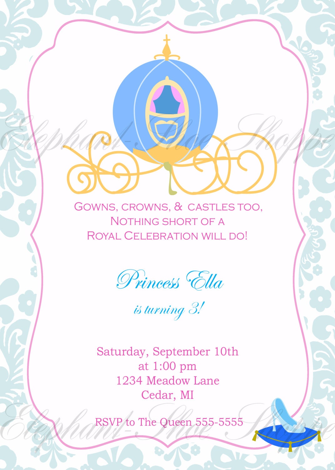 Blue Princess Birthday Invitation - Digital file pdf - 5x7