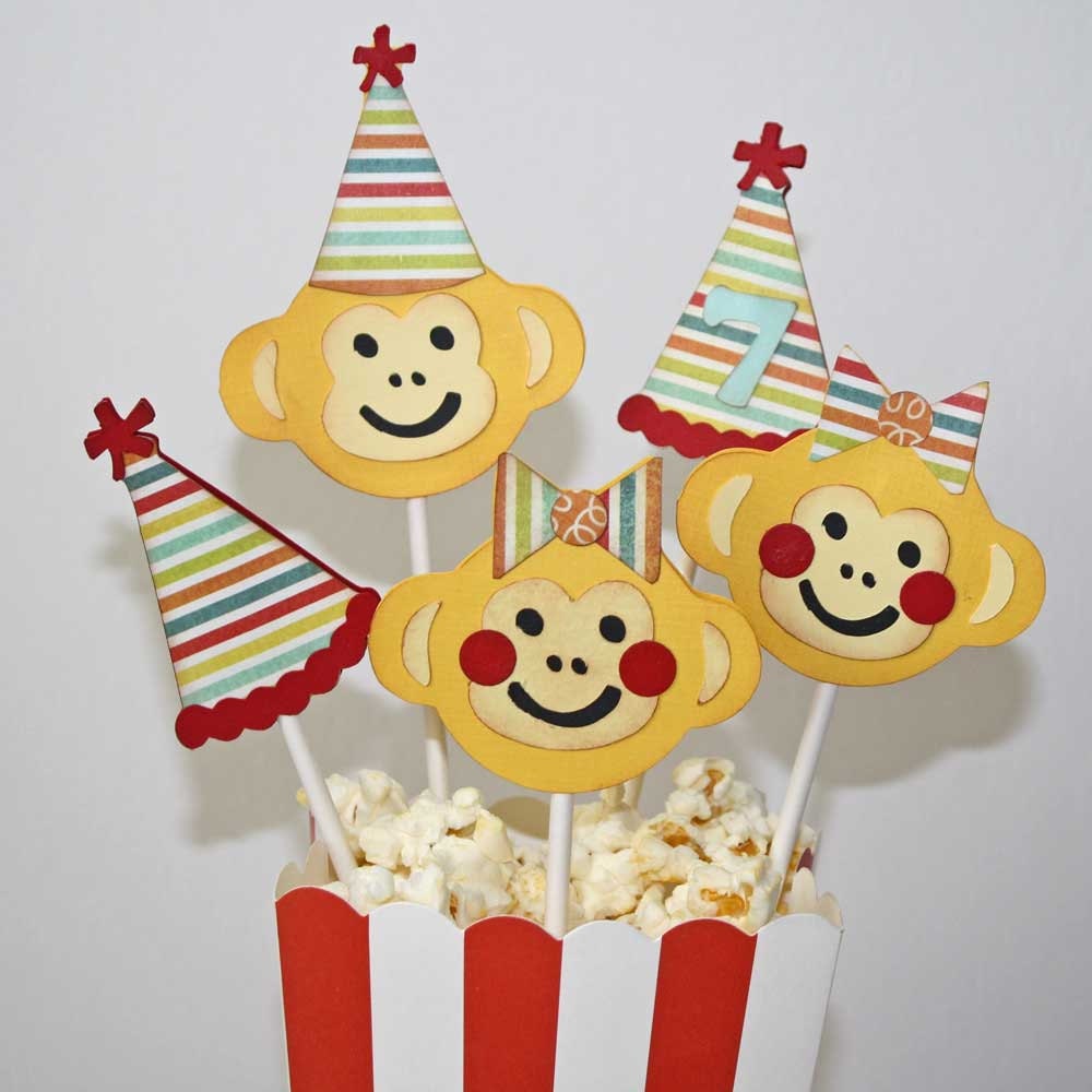 Monkey cupcake toppers / Circus monkey birthday theme / party hat and monkey face / set of 12
