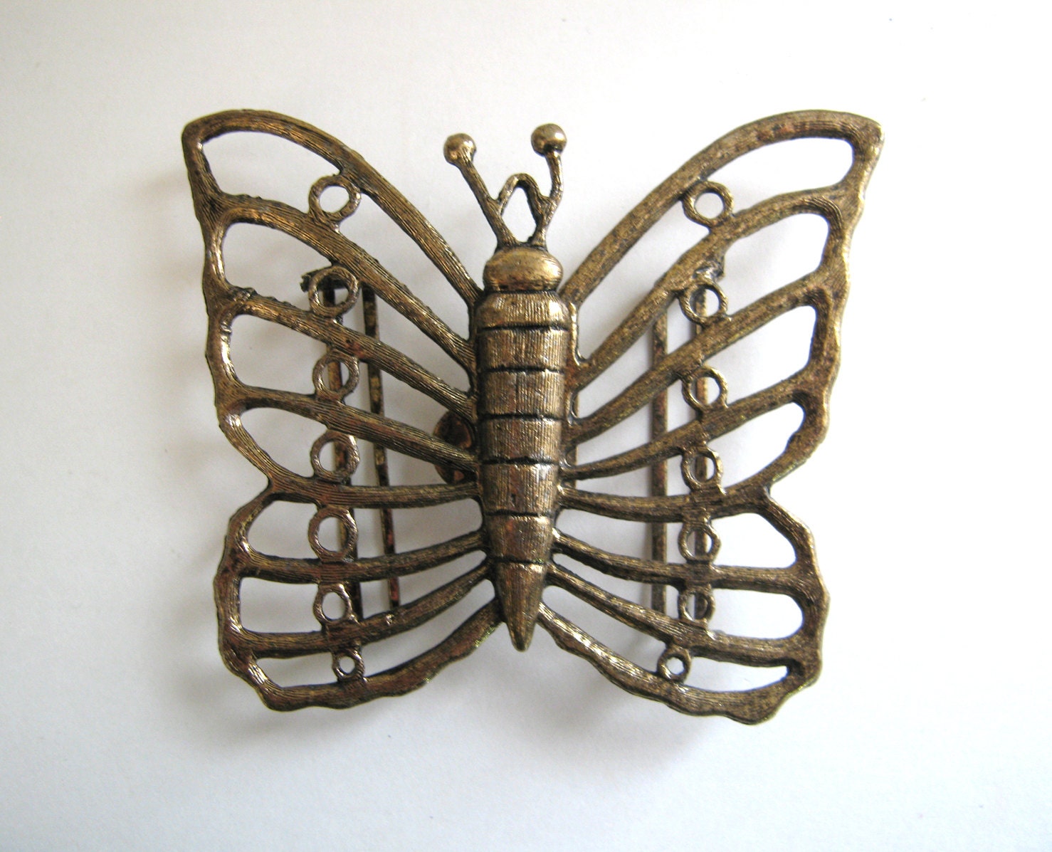 Vintage Butterfly Belt Buckle Large 1960s or 1970s Brass toned Cast Metal