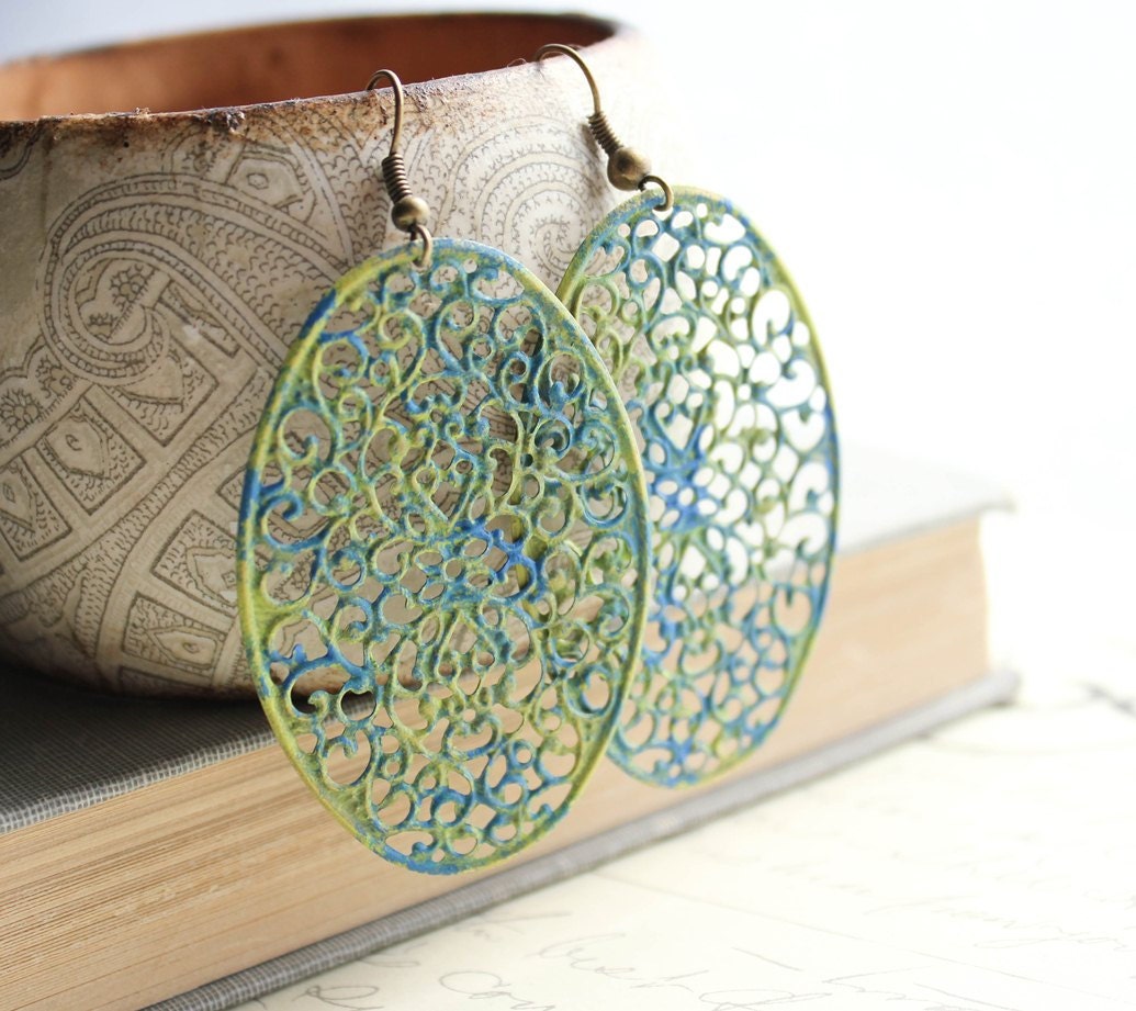Filigree Earrings, Teal Blue, Lime Green, Rustic Patina Jewelry, Long Oval Dangle, Summer Jewelry, Drop Earrings - apocketofposies
