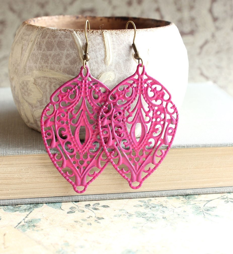 Hot Pink Earrings Patina Dangle Spring Jewelry, Large Filigree Leaf Neon Fuchsia, Long Earrings, Gypsy, Bohemian
