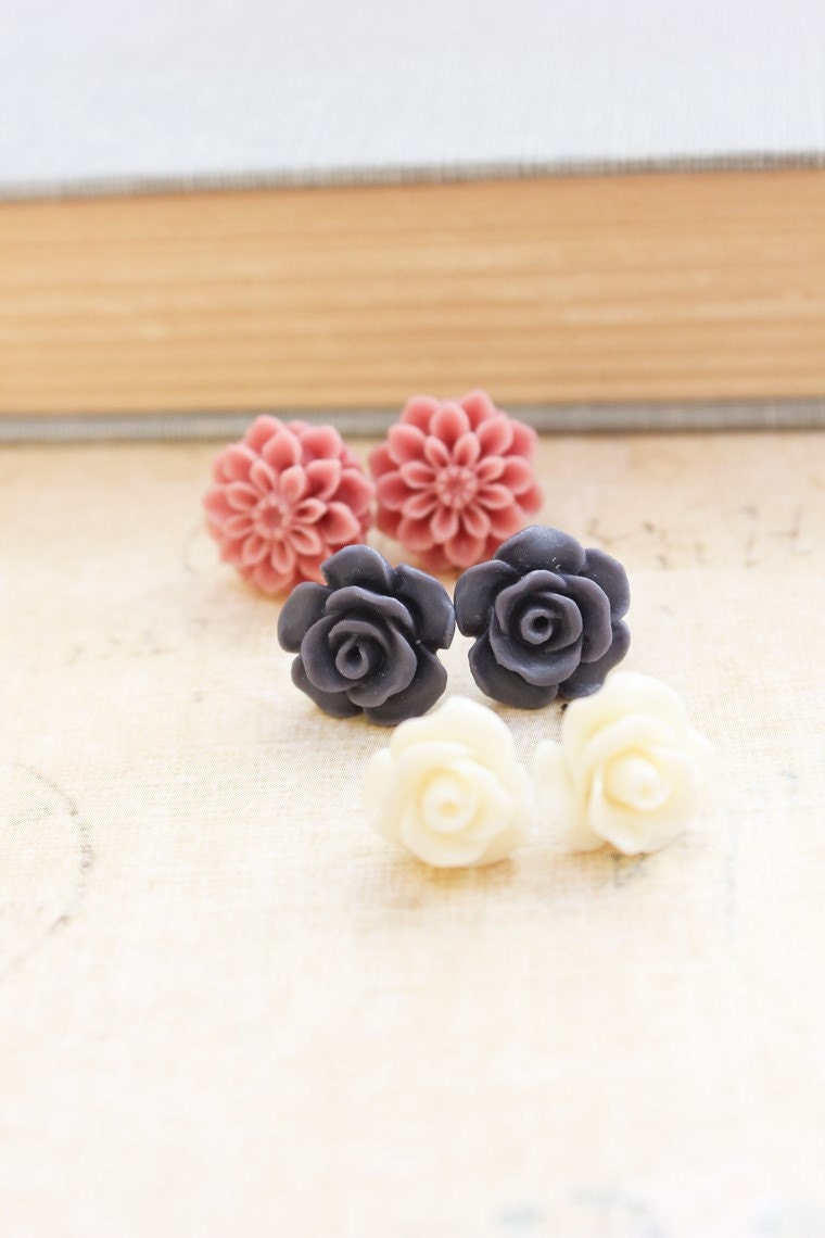 Flower Stud Earrings, Rose Post Earrings, Ivory, Purple Grey Rose, Dusty Rose Pink Dahlia, Shabby Chic Jewelry, Spring, Floral Jewellery