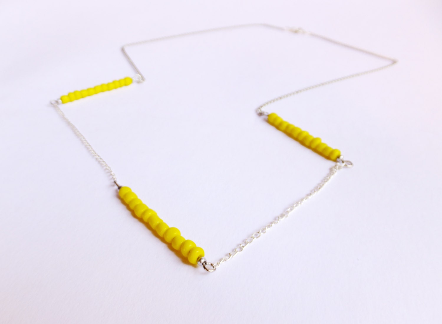 Neon Yellow Beaded Geometric Necklace, Handmade, Minimal, Abacus, Silver Chain