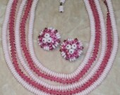 Pink Necklace Earrings Set Vintage Crystal Glass 1960s