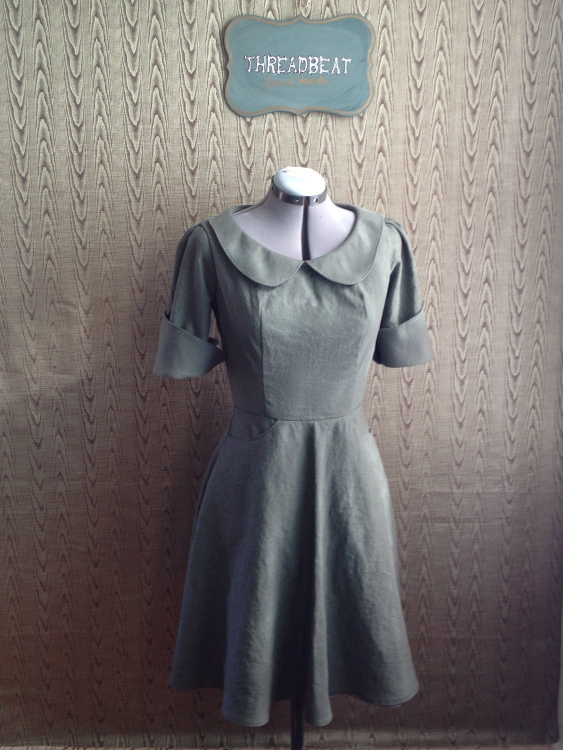 soot grey linen dress with peter pan collar- made to measure