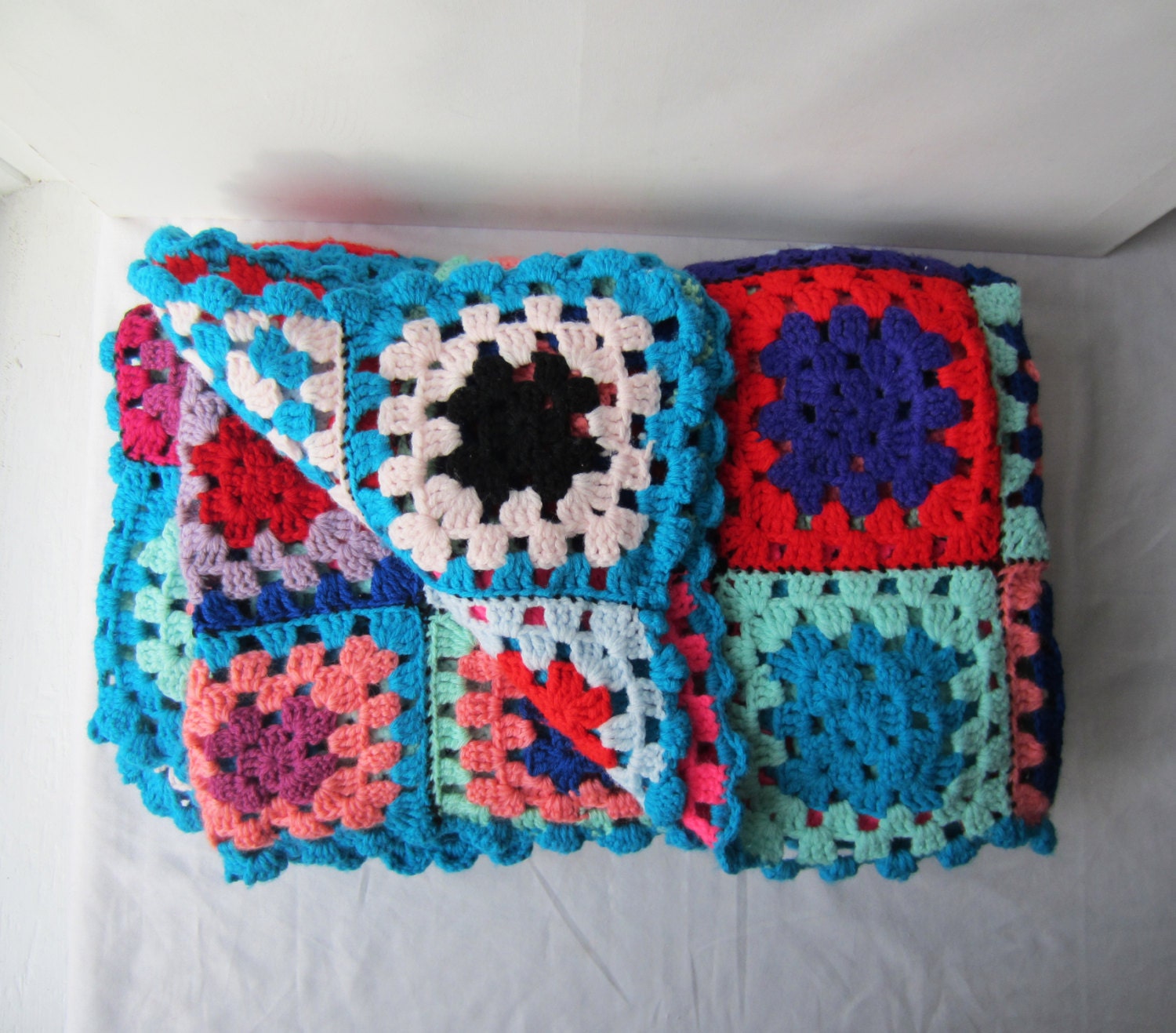 Vintage Handmade Afghan Granny Squares Colorful Funky Squares with Neon Fluorescent Pink, Teal, Red, Peach, Blue 48" x 70"