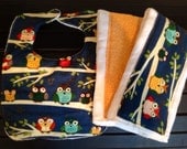 Bib and Burp Cloth Bundle with Coordinating Owls and Yellow Prints