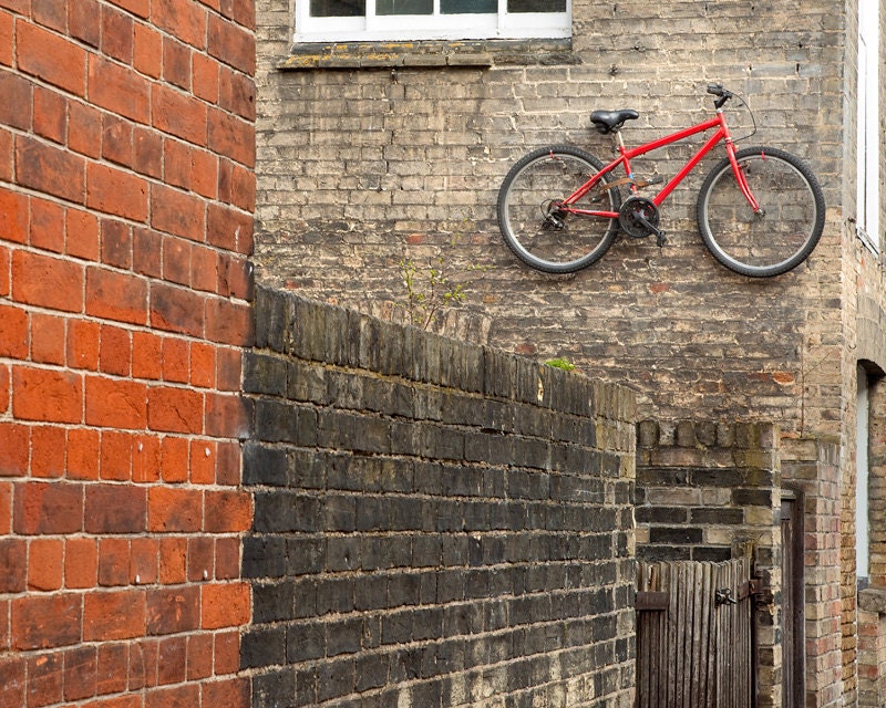 red bicycle art, bike print, red bricks, urban - Bike Parking Only 8 x 10