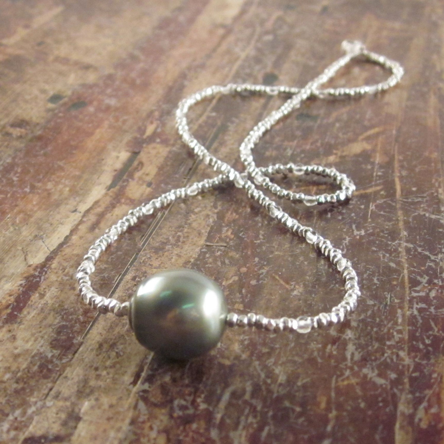 Golden Pistachio Tahitian Pearl Necklace with Crystal Quartz & Karen Hill Tribe Silver Beads, Mother's Day Jewelry, Mother's Day Gifts