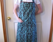 Womens Full Apron in Blue and Brown Fabric with Pocket and Brown Ties