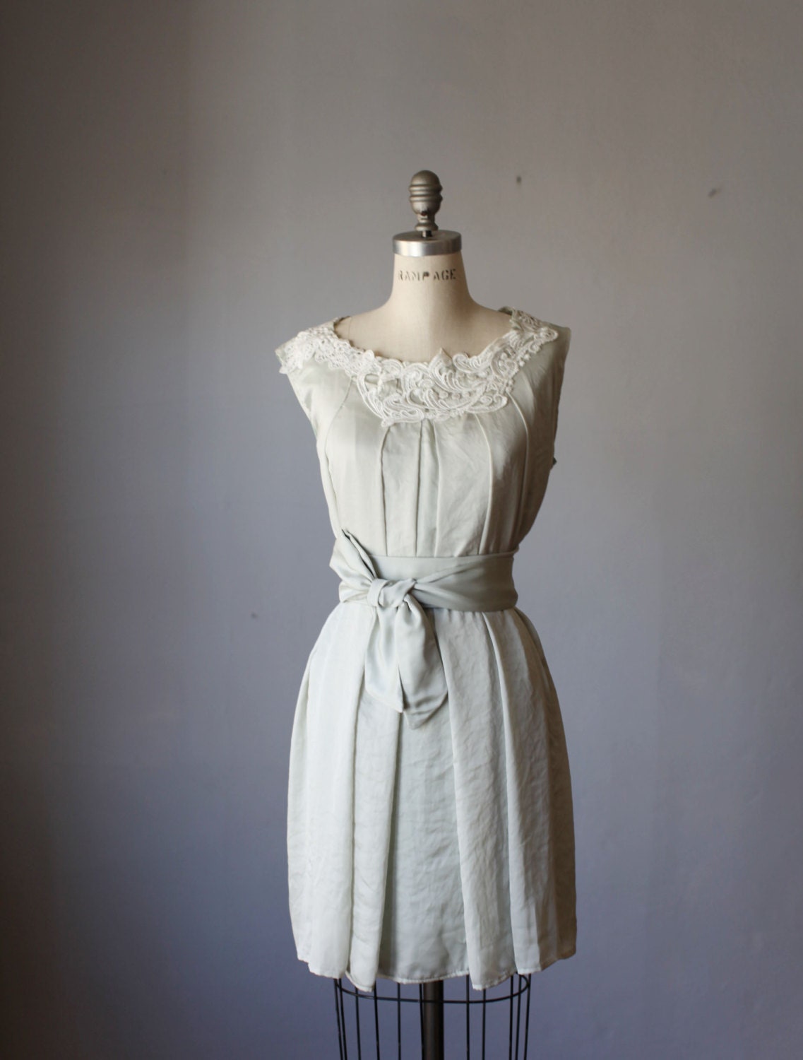 Dress , silk  , lace  cream pale sage green , romantic , party dress  Ready for Shipping