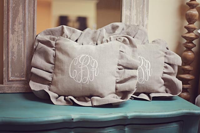 Monogrammed Linen Throw with Ruffles