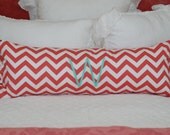 Monogrammed Coral and White Chevron Print Pillow with Side Ruffles--Large Lumbar