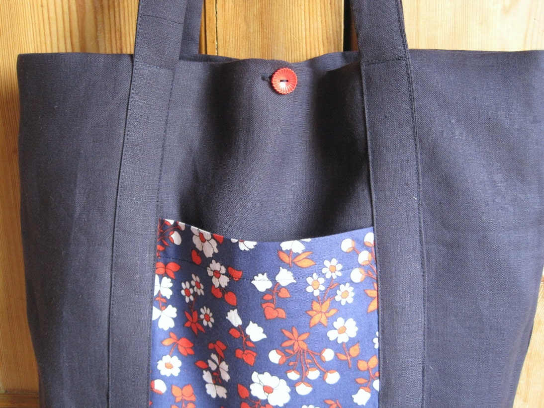 Vintage pocket tote, navy tote, shoulder bag, purse, floral vintage fabrics