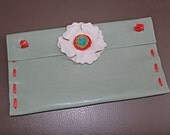 Ice Blue, Coral, White and Green Leather Flower Clutch Handbag