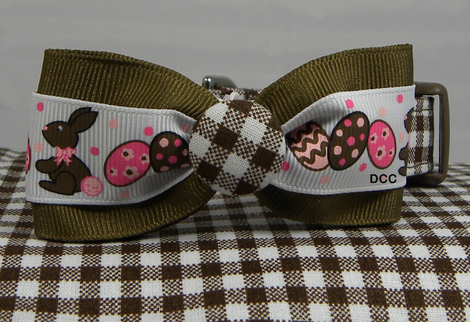 Dog Collar Checkered Brown Milk Chocolate Easter Bunnies Colorful Eggs on Ribbon Bow Tie Size EXTRA SMALL or  SMALL  Adjustable with D Ring