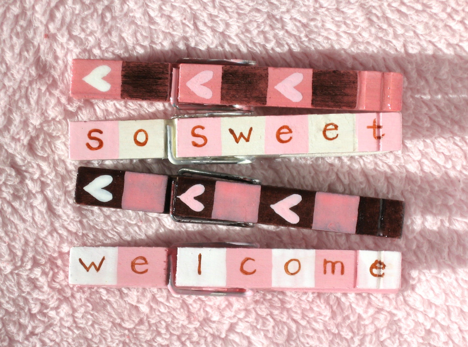 WELCOME BABY GIRL hand painted clothespin magnets