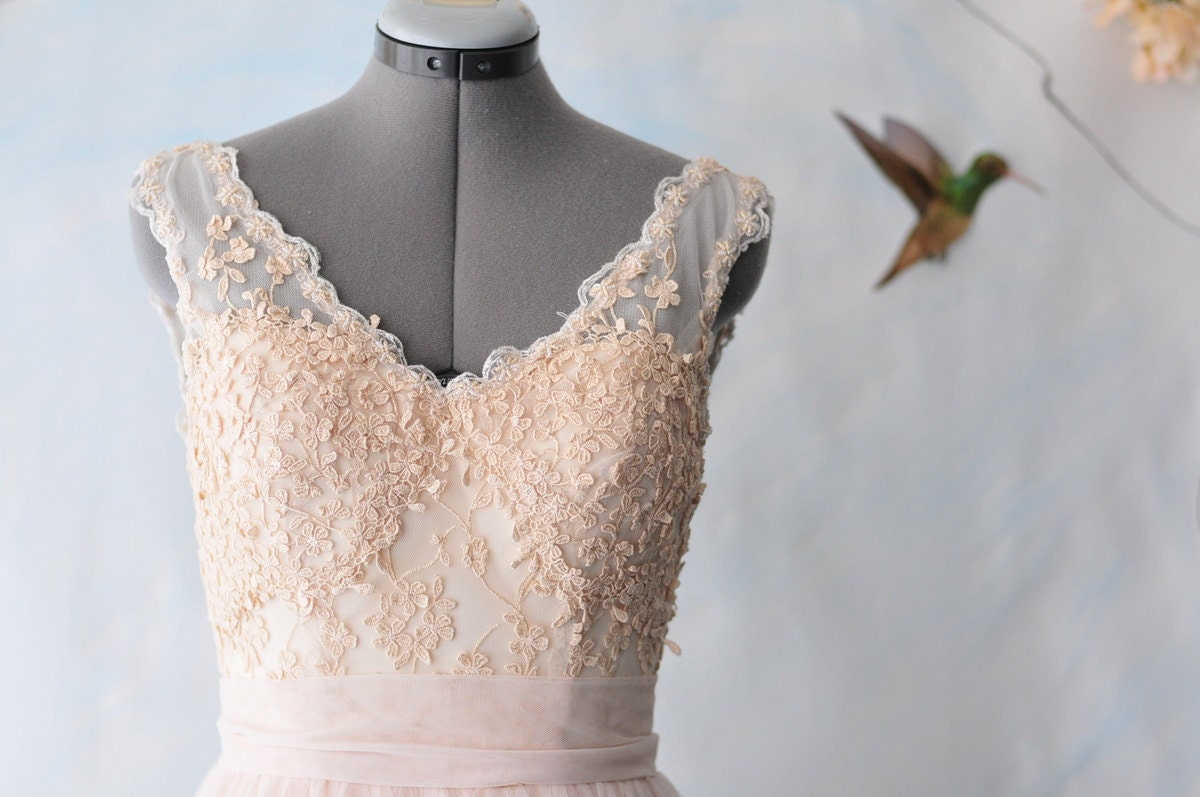 Custom Wedding Gown-Kate-V neck floral lace and cotton tulle A-line floor length-Made to order in ivory, nude and peach
