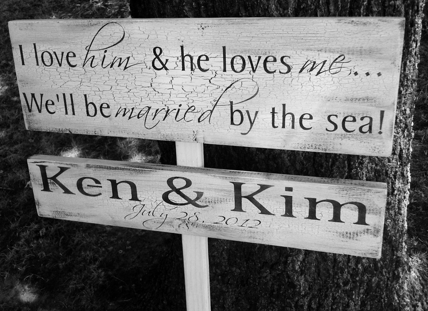 Customized Beach Wedding Directional Sign- "I Love Him and He Loves Me We'll be Married by the Sea" - personalized names, wedding date