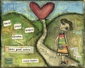 Mixed Media Art: Receptive Girl 8x10 print - Whimsical Art, Folk Art, Inspirational Art, Wall Art, Girl Art - blue, green, red