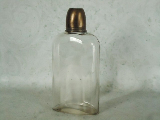 Glass Flask with Brass Shot Glass Lid - 1920s Glass Flask with Corked Topper and Brass Shot Glass Lid