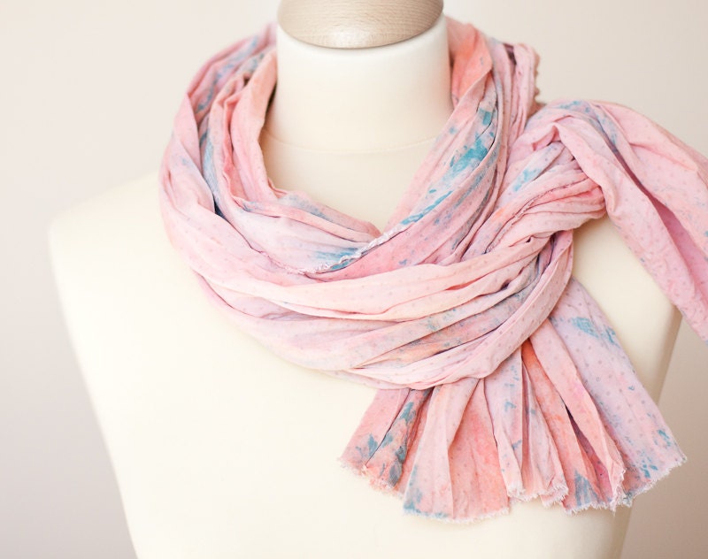 Long Pastel Scarf Hand dyed Coral Pink and Light Blue summer blush blossom coral pastel peach