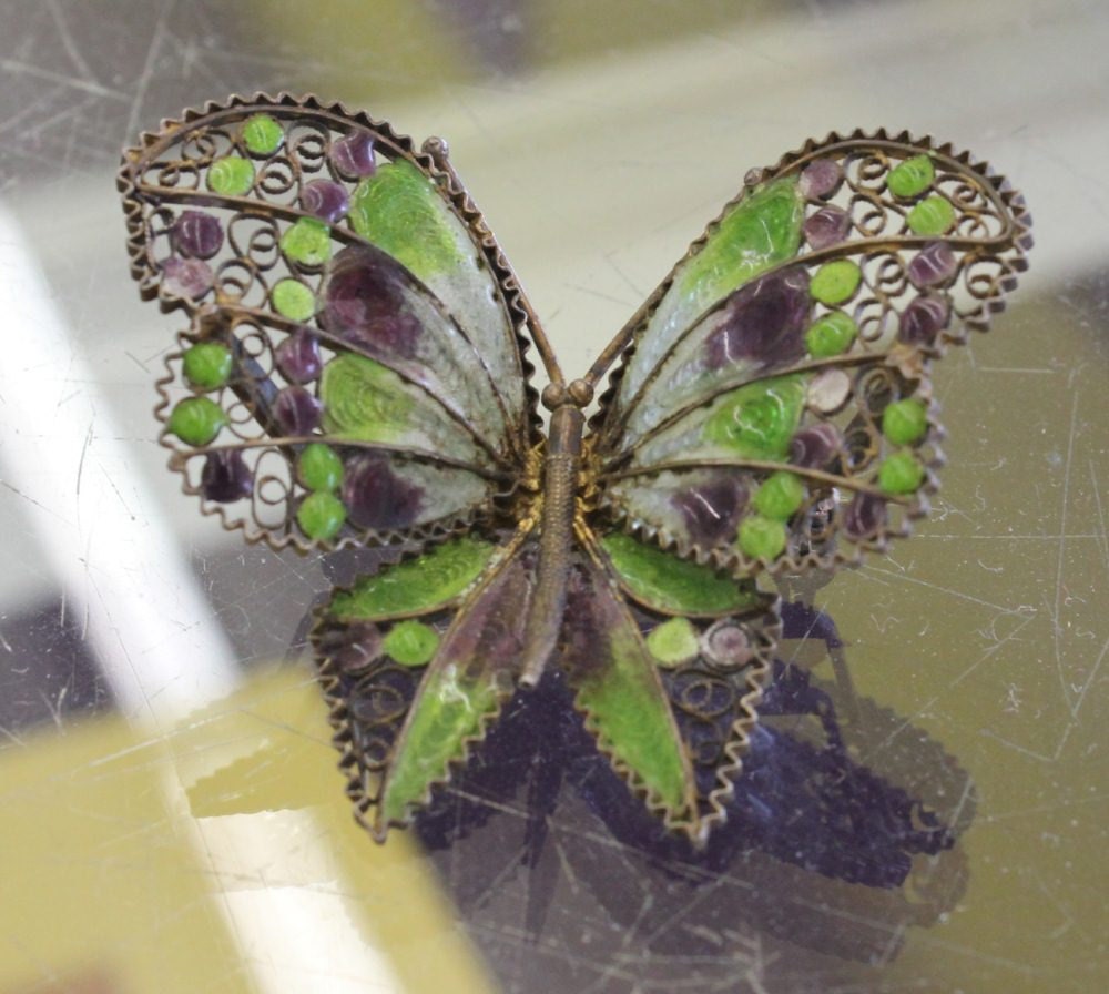Beautiful Purple and Green Vintage Butterfly Brooch