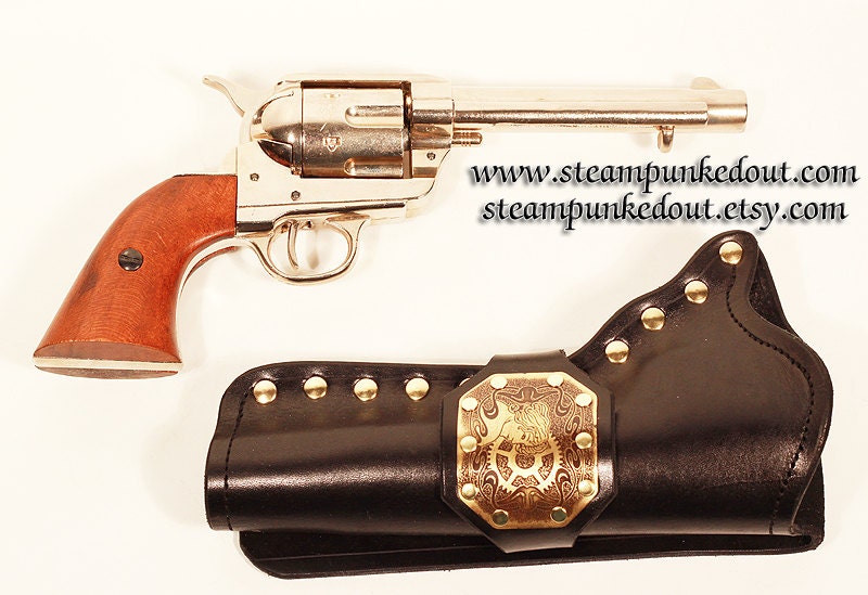 Fully lined Gun Holster w/ Etched Brass Plate and Silver Replica Revolver - Special Edition -
