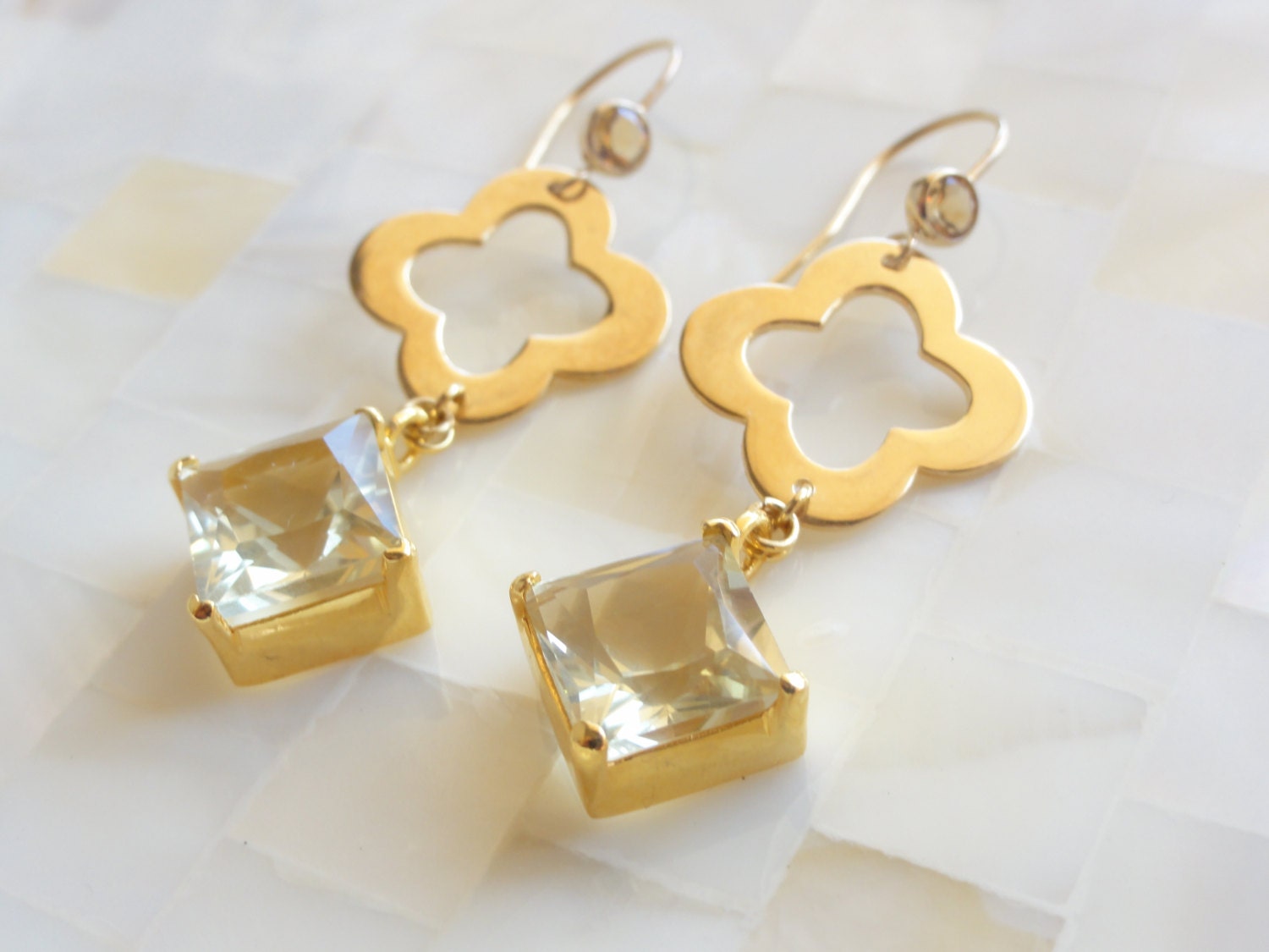 Vermeil Clover Connectors & Lemon Quartz Vermeil Dangles on Citrine Earwire Earrings (E1123)