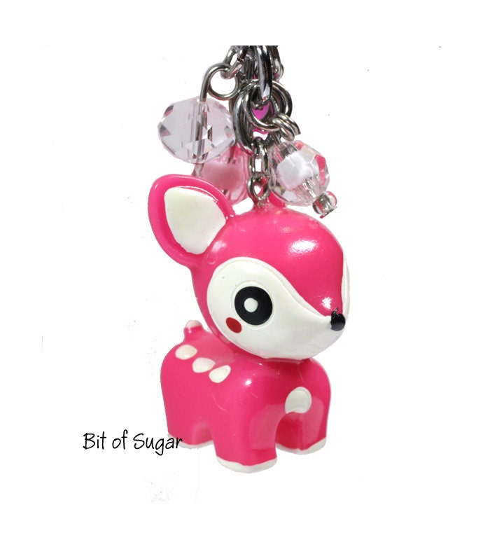 Kawaii Pink Deer Keychain - Cute doe animal keyring with spots and white tipped tail