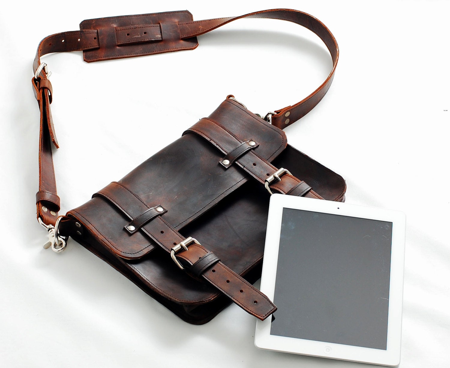 Vintage inspired brown leather satchel pigskin lining 12.5" unisex full grain leather bag for I pad  - Made in USA
