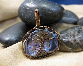 Tree of Life wire wrapped pendant with titanium coated geode Drusy stone
