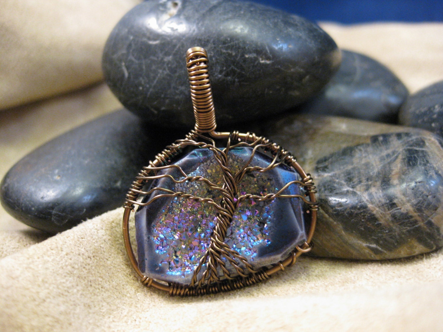 Tree of Life wire wrapped pendant with titanium coated geode Drusy stone