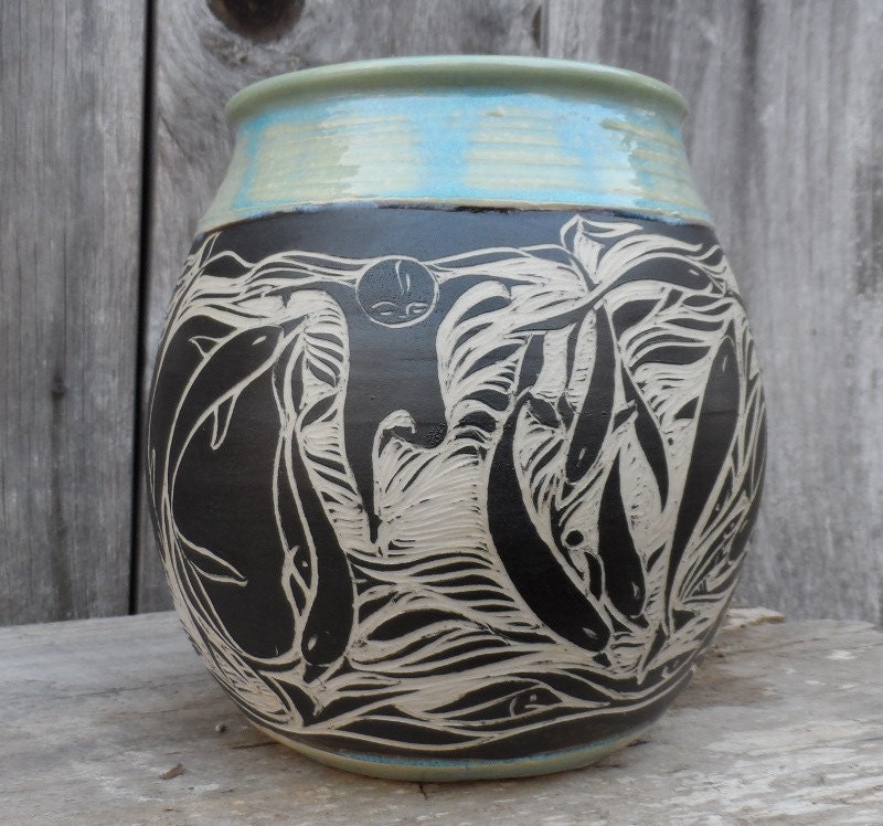 Big Round Sgraffito Ocean Vase with Dolphins, Swimmers, Fish, Bird and Seal