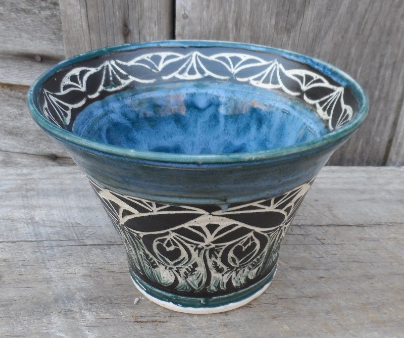 Art Nouveau Inspired Sgraffito Bowl with Teal and Blue Glaze