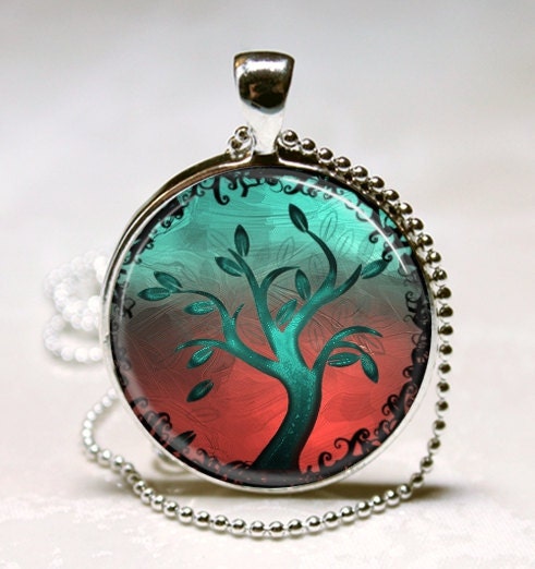 Tree of Life Necklace Teal and Red Art Pendant with Ball Chain Included (ITEM B071) - MissingPiecesStudio