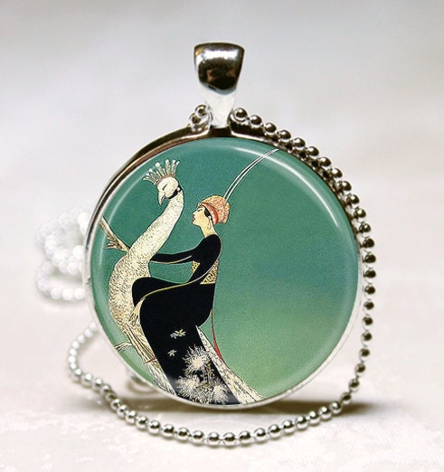 Art Deco Jewelry Woman on White Peacock Emerald Green Peacock Necklace Glass Dome Art Pendant with Ball Chain Included (ITEM B047)