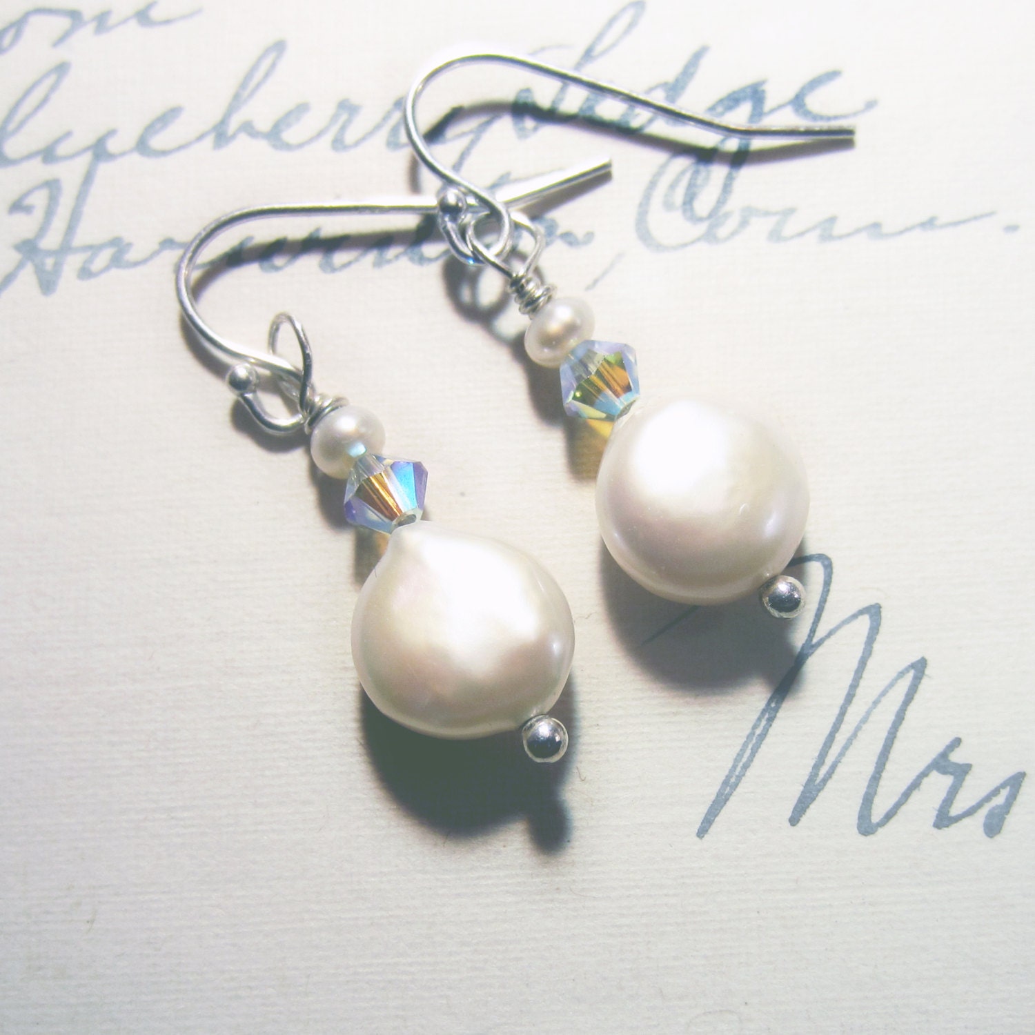 Pearl Earrings with Swarovski Crystals on Sterling Silver French Wires