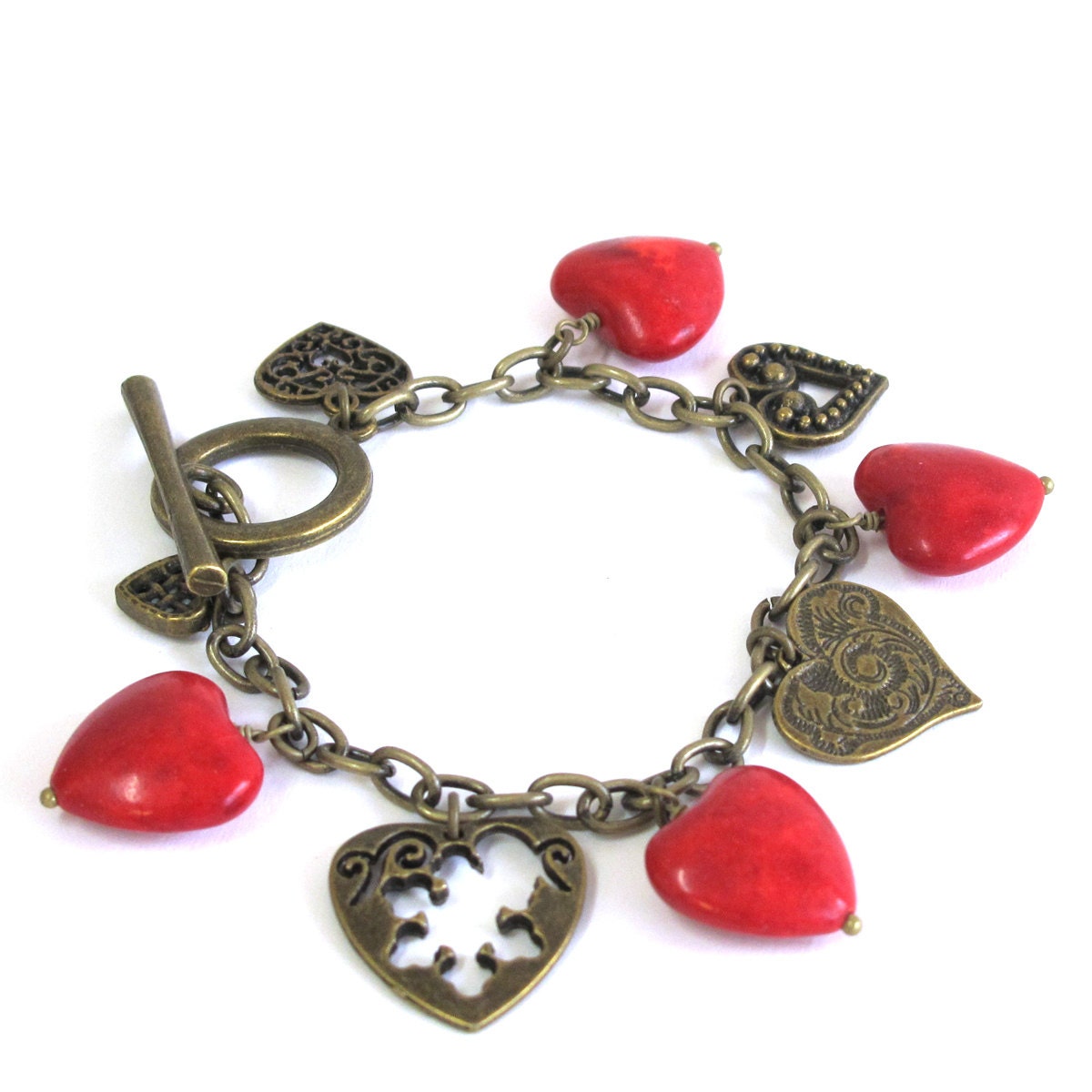 Red Heart Natural Stone Dangles and Antiqued Brass Charms Bracelet with a Toggle Clasp, DB070