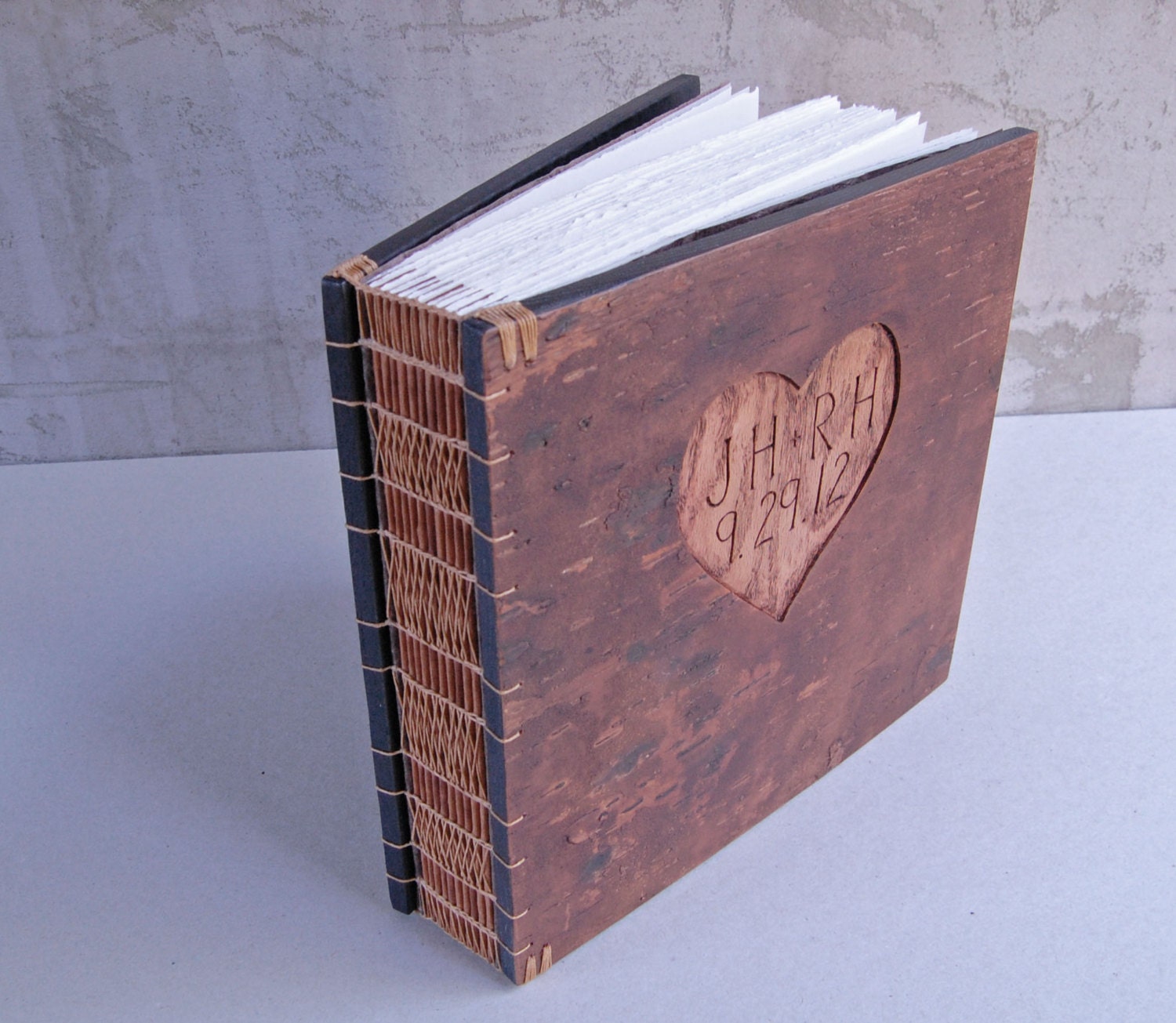 custom carved bark photo album - unique wood book  forest woodland large personalized / made to order