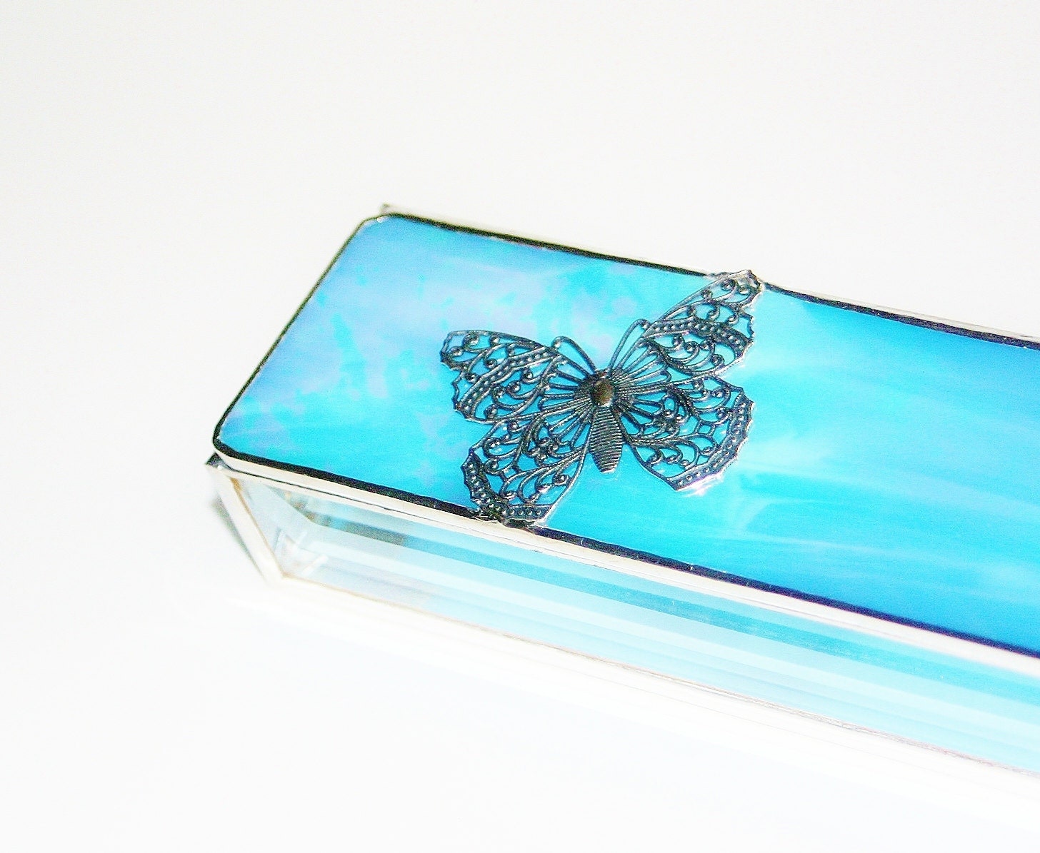 Stained Glass Jewelry Box Iridescent Blue 2x6 w/ a Silver Filigree Butterfly Handmade Blue Valentine
