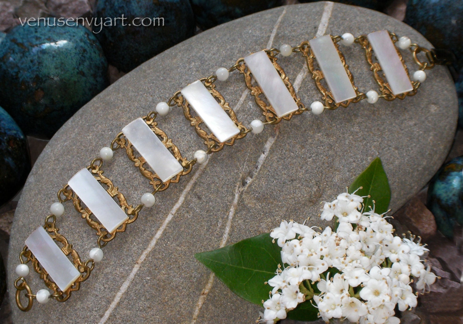 Vintage Mother of Pearl Tile Brass Filigree Plaque Bracelet - Vintage Assemblage and Repurpose